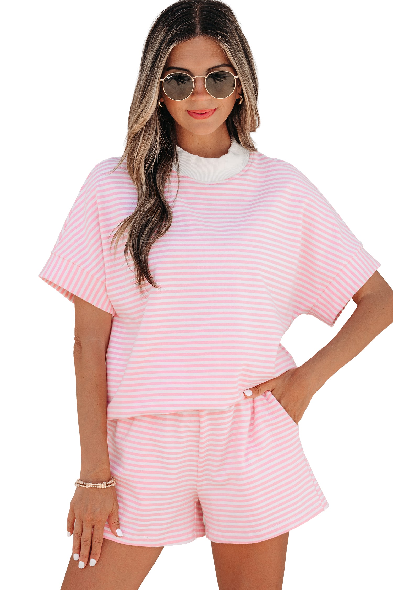 Striped Cuffed Sleeve Mock Neck Tee & Shorts Co-ord | Sky Blue, Pink & Green