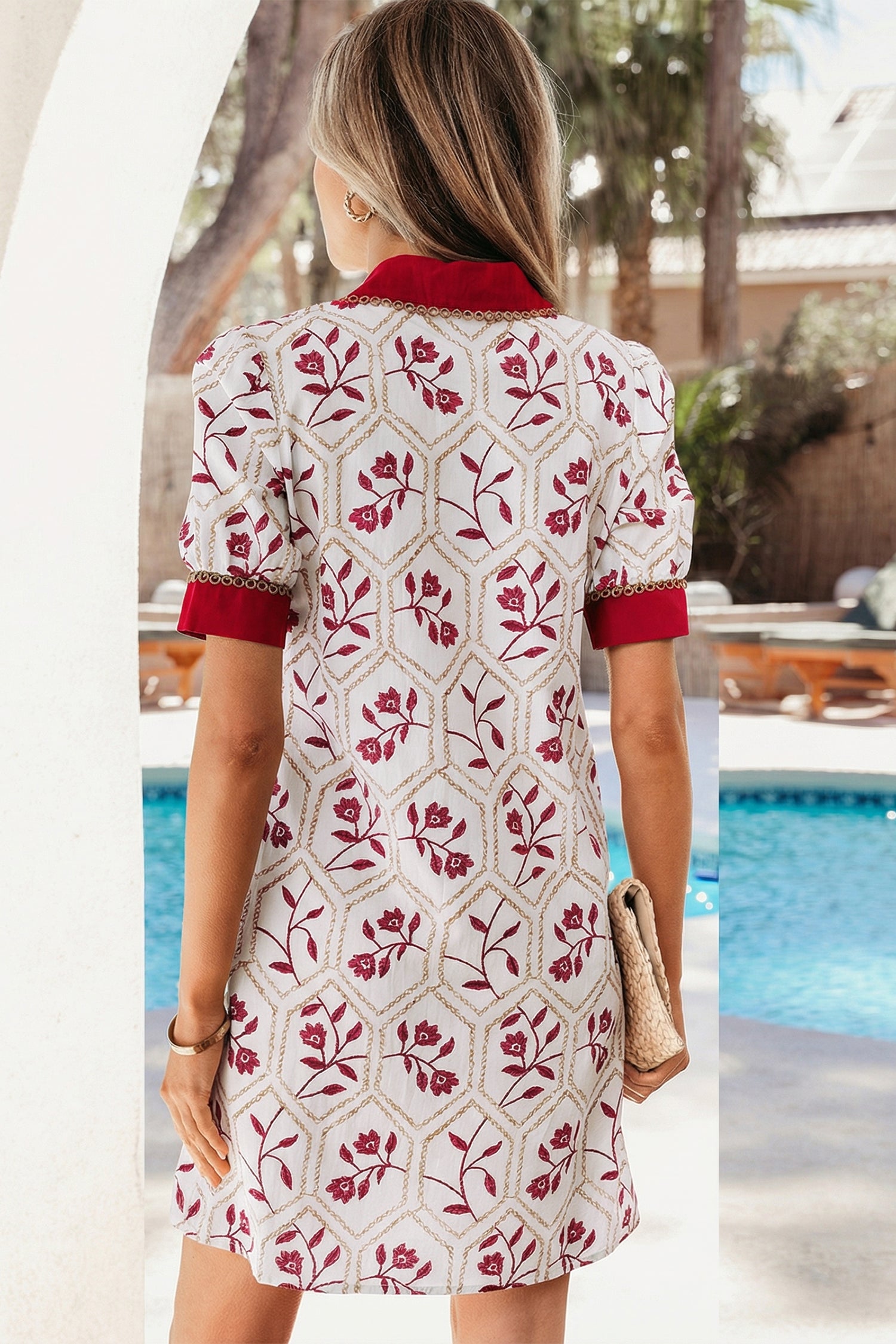 Red & Blue Geometric Floral Lace Trim Collared Short Sleeve Mini Dress S-XL