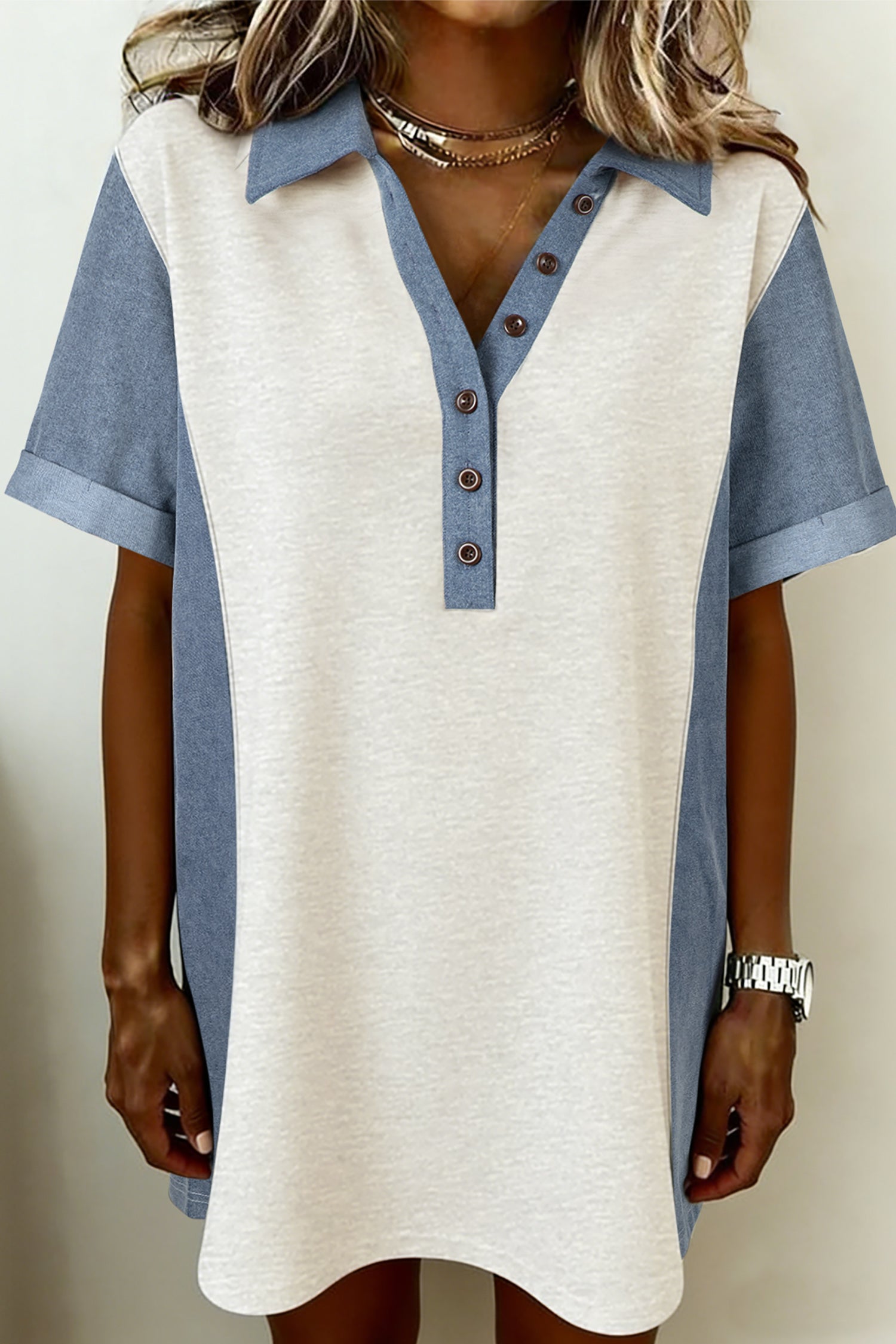 Light Grey Denim Colour Block Polo Collar T-Shirt Tunic Dress S-XL