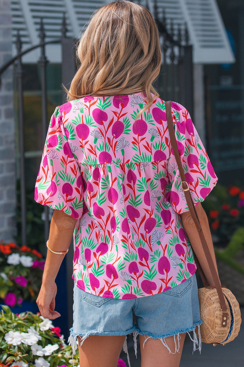 Shop Pink Floral Print Short Sleeve Contrast Patchwork Tassel Tie Blouse at LivelyLooks