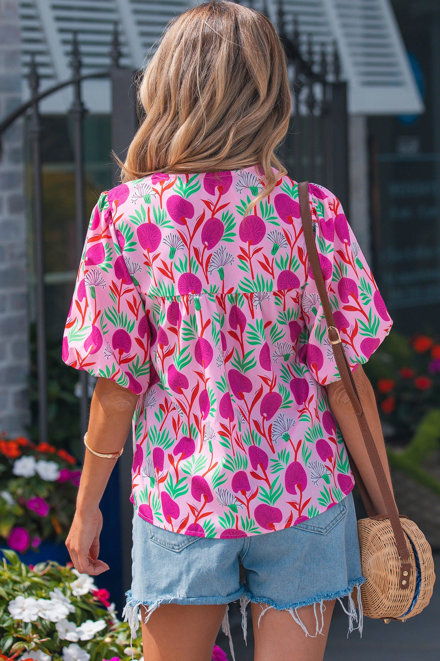 Shop Pink Floral Print Short Sleeve Contrast Patchwork Tassel Tie Blouse at LivelyLooks