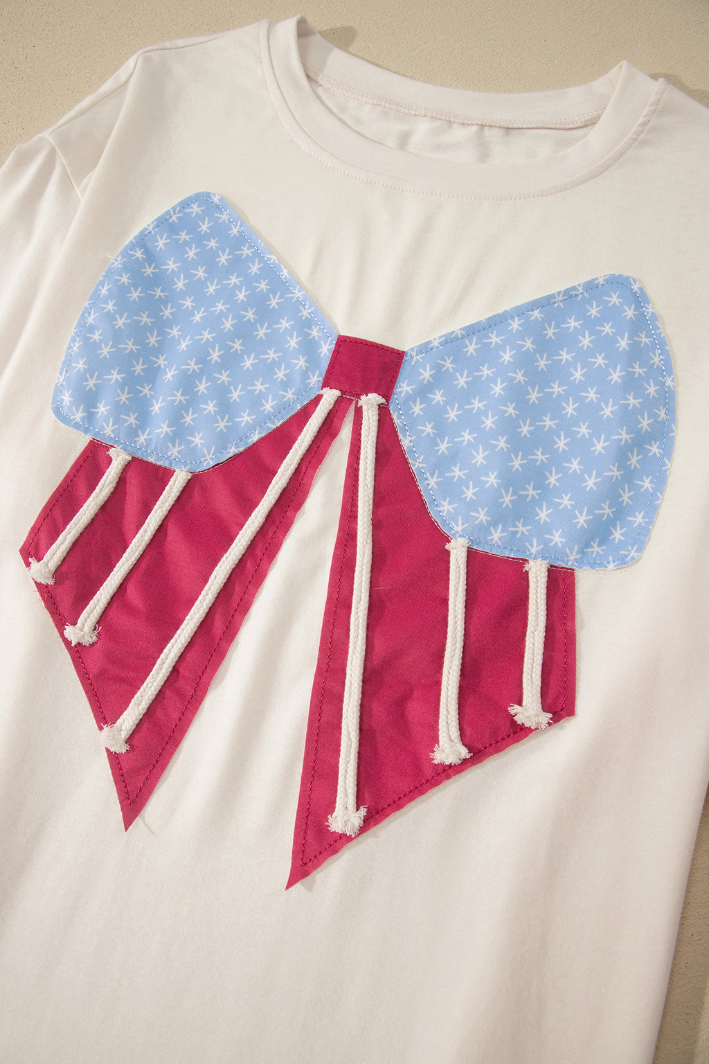 White Loose Knit Tee Vintage Flag Bow Patch Short Sleeve Women S-XL