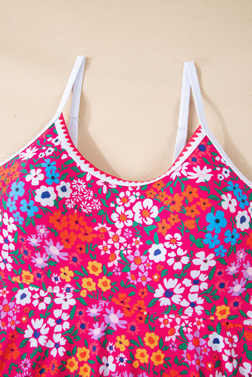 Women's Women Floral Print Ricrac Trim Spaghetti Strap One Piece Swim Dress S-2XL at LivelyLooks