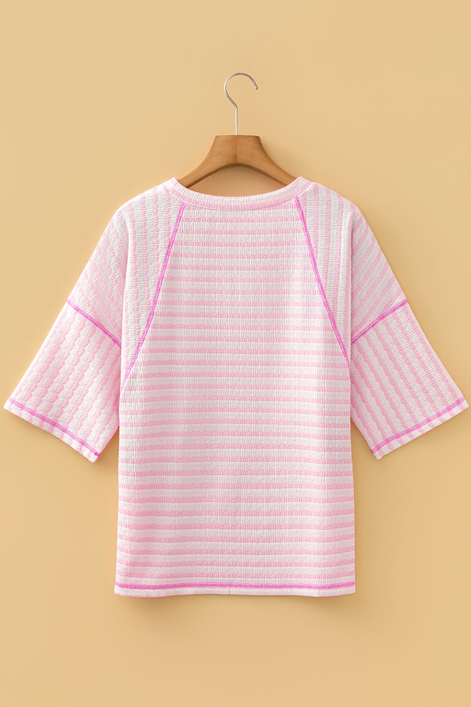 LivelyLooks Brown Stripe Textured Knit Split Hem Half Sleeve Loose Top women's fashion