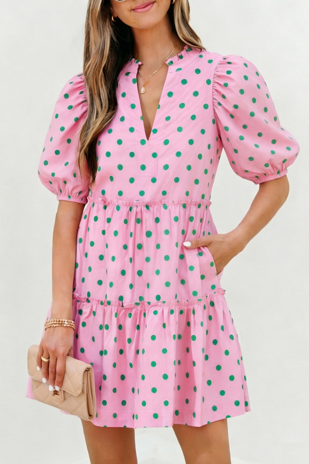 Pink Polka Dot Print V Neck Short Sleeve Tiered Mini Dress | UK 8–22