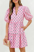 Pink Polka Dot Print V Neck Short Sleeve Tiered Mini Dress | UK 8–22