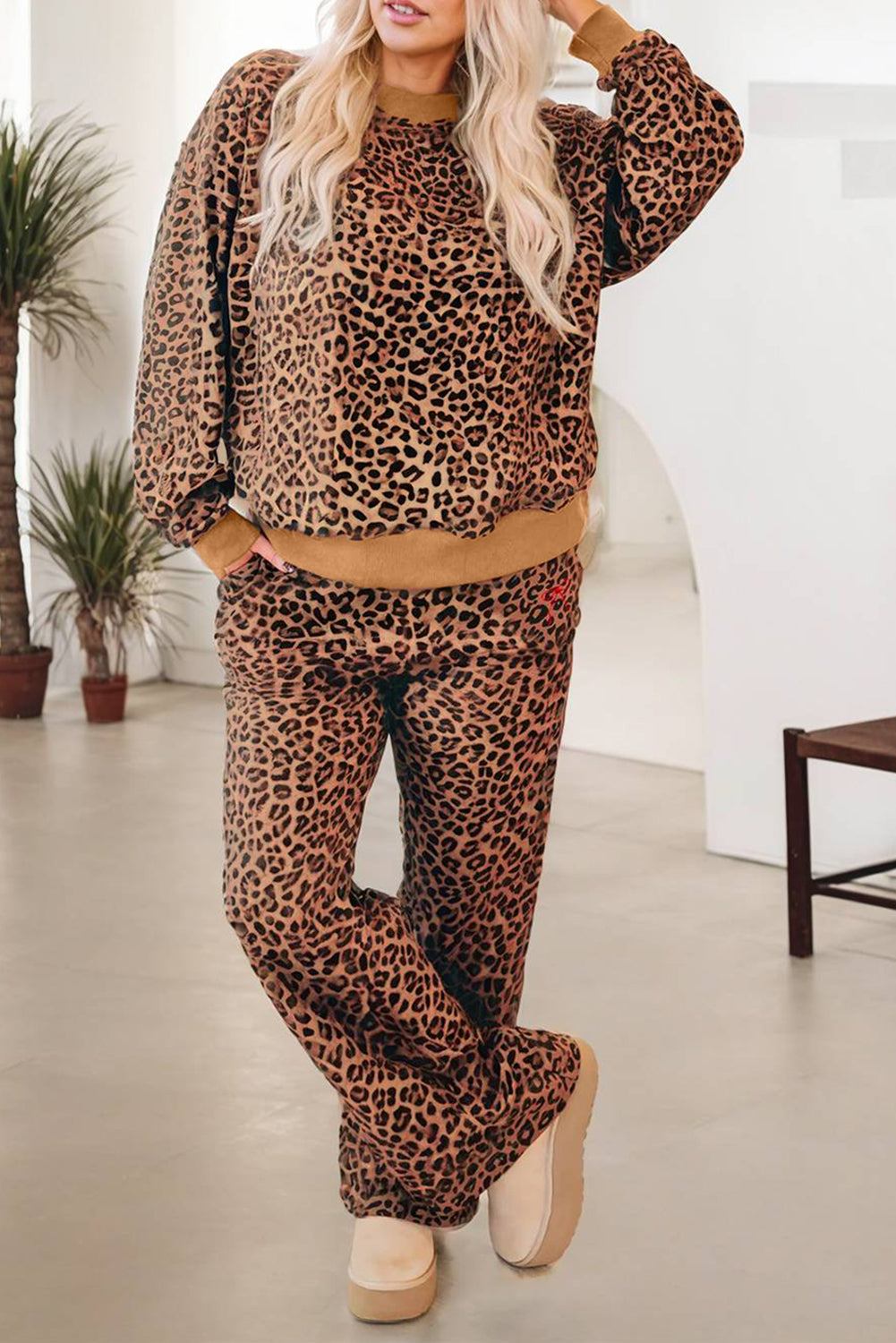 Khaki Leopard Pullover & Pants Set with Bow Embroidery | UK 8–22