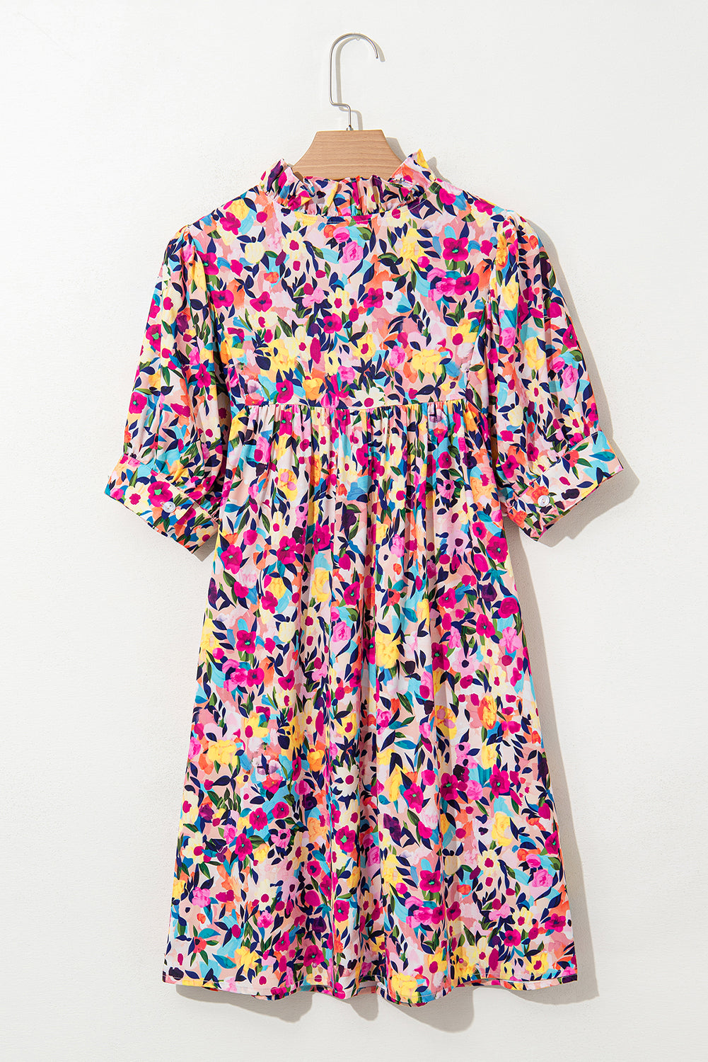 Pink Floral Puff Sleeve V Neck Mini Dress S-XL