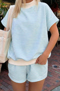 Striped Cuffed Sleeve Mock Neck Tee & Shorts Co-ord | Sky Blue, Pink & Green