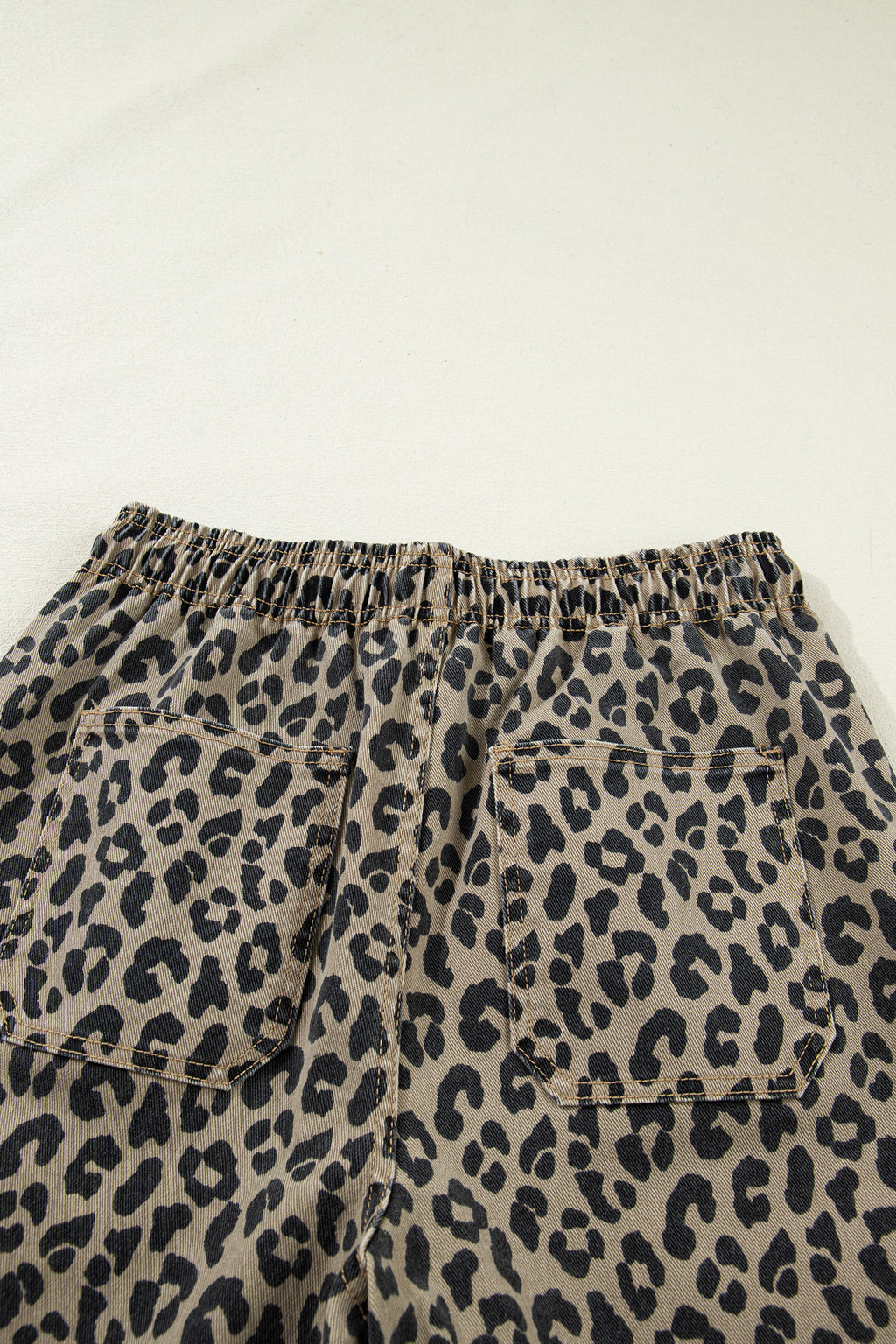 Women's Khaki Leopard Print Loose Denim Jeans Drawstring Elastic Waist UK 4-16