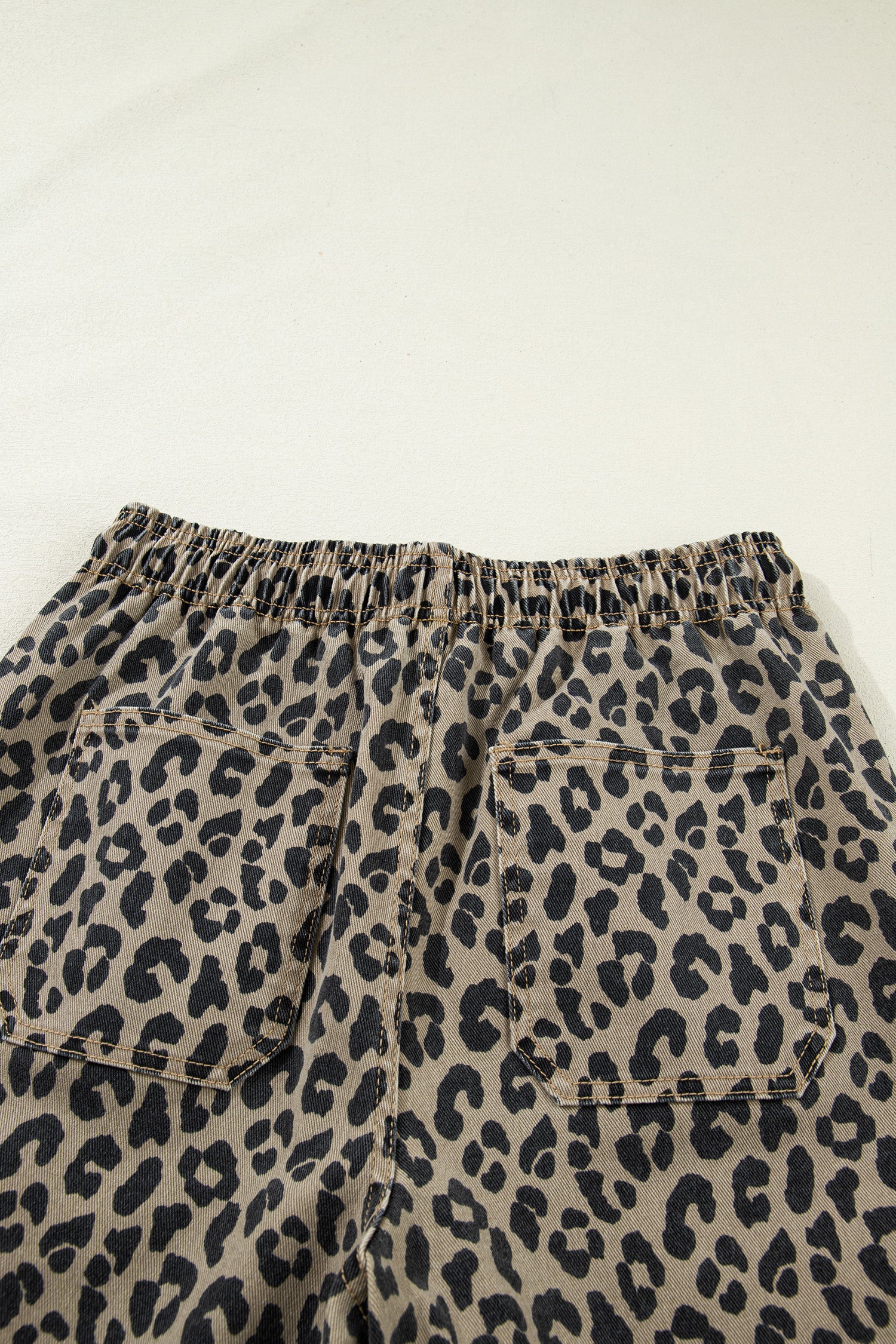 Women's Khaki Leopard Print Loose Denim Jeans Drawstring Elastic Waist UK 4-16