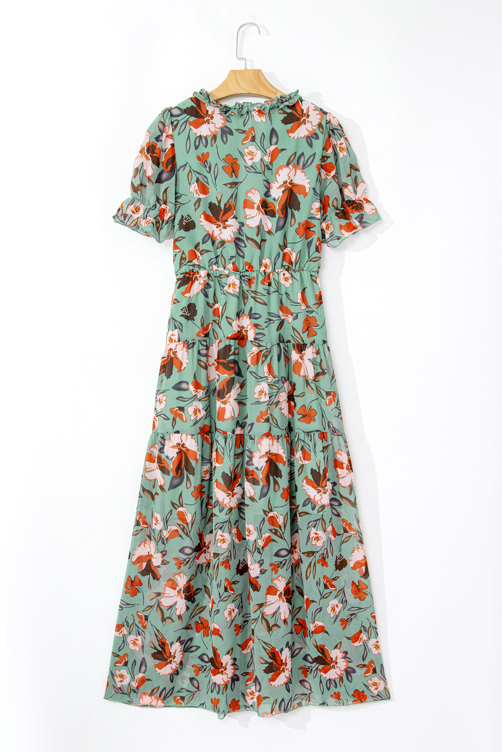 Women's Floral Print Frilled V-Neck Short Sleeve Maxi Dress Blue Black Green S-XL at LivelyLooks