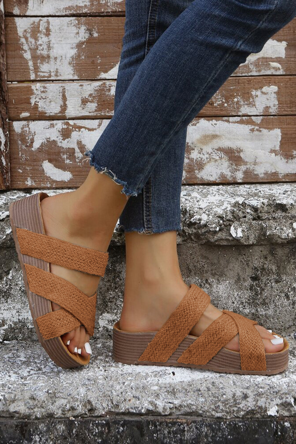 LivelyLooks Woven Crisscross Platform Slip-On Sandals Beige Brown Black EU37-42 women's fashion