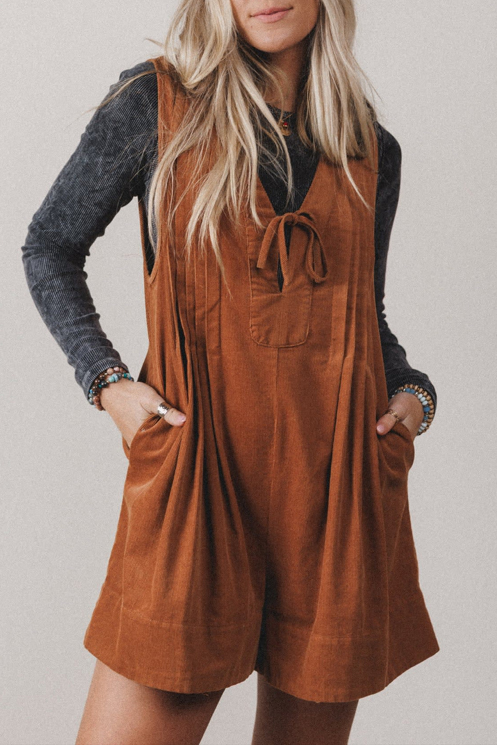 Cinnamon Solid Tie V Neck Sleeveless Corduroy Romper | UK 8–22