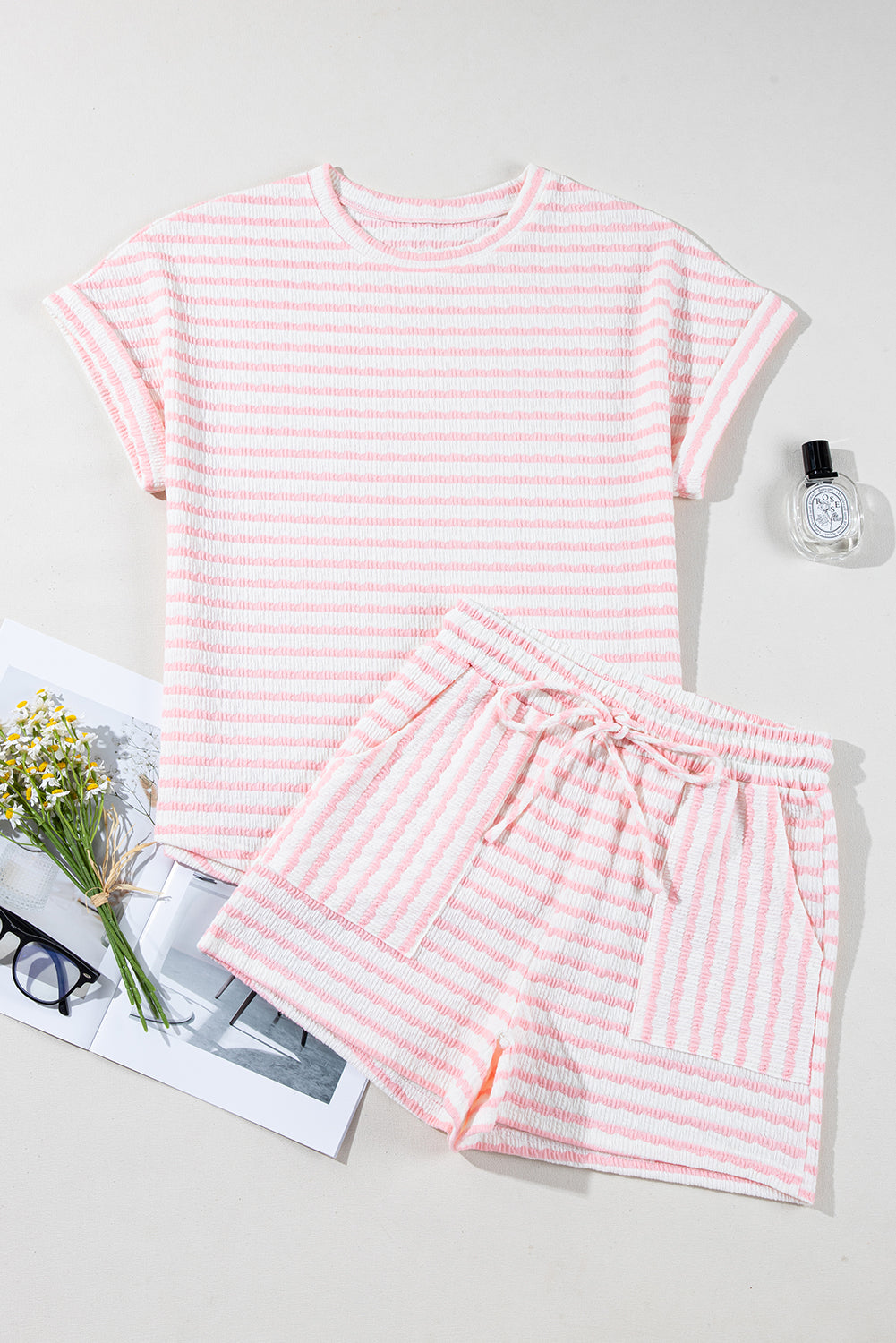 Shop Stripe Knitted Short Sleeve Top & Drawstring Shorts Co-ord S-3XL at LivelyLooks