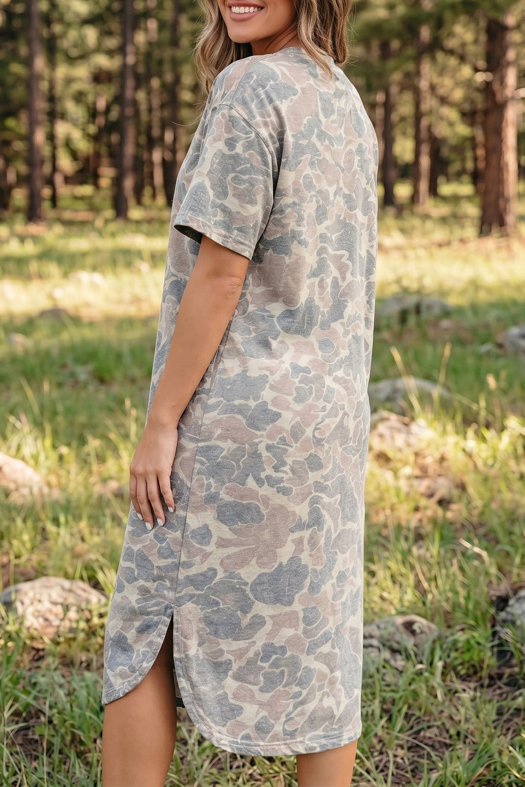 Women's Camo Print Drop Shoulder Side Slit Casual Dress Multicolour S-XL