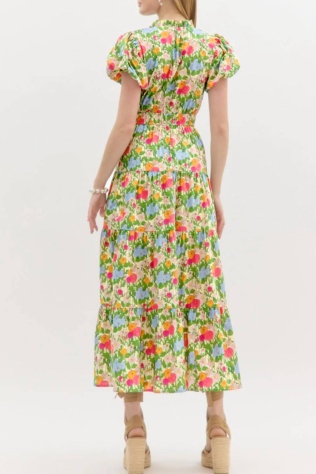 Shop Green Floral Print V-Neck Puff Sleeve Cotton Maxi Dress at LivelyLooks