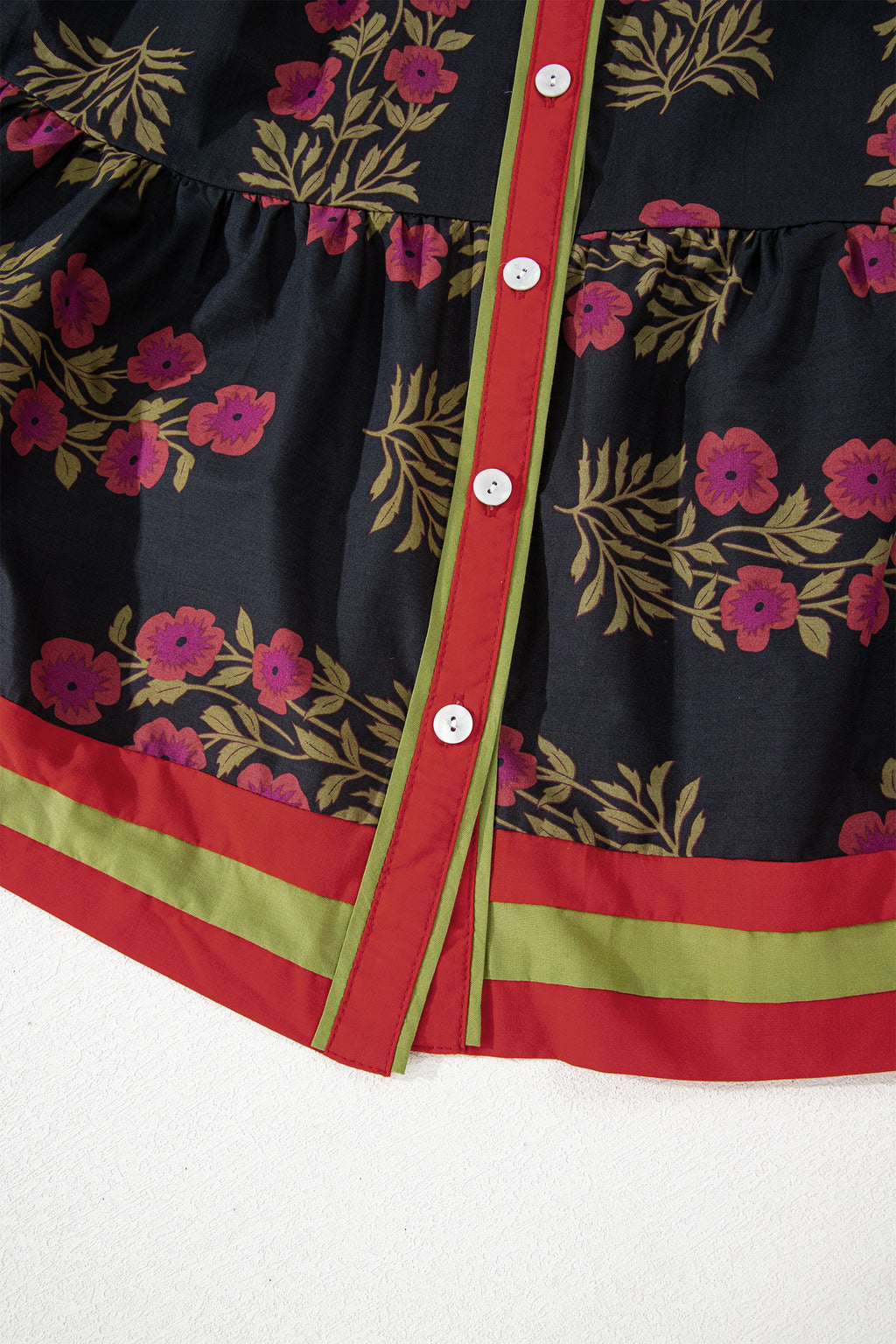 Black Retro Floral Belted Puff Sleeve Button Down Mini Dress