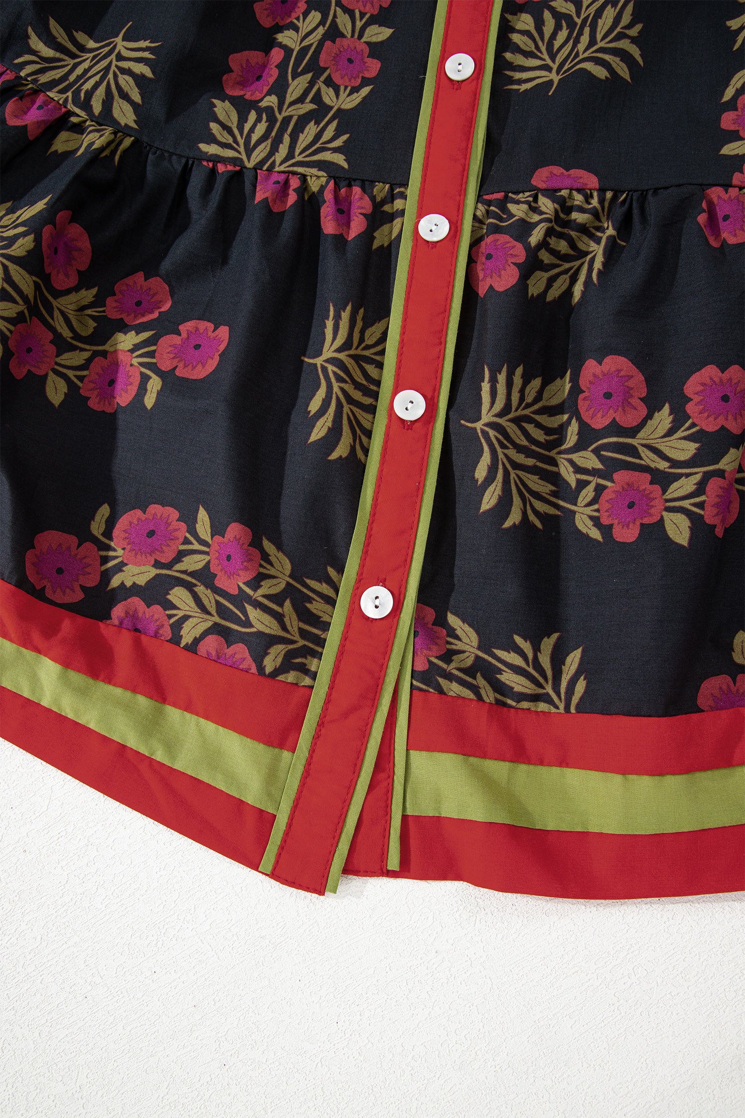 Black Retro Floral Belted Puff Sleeve Button Down Mini Dress