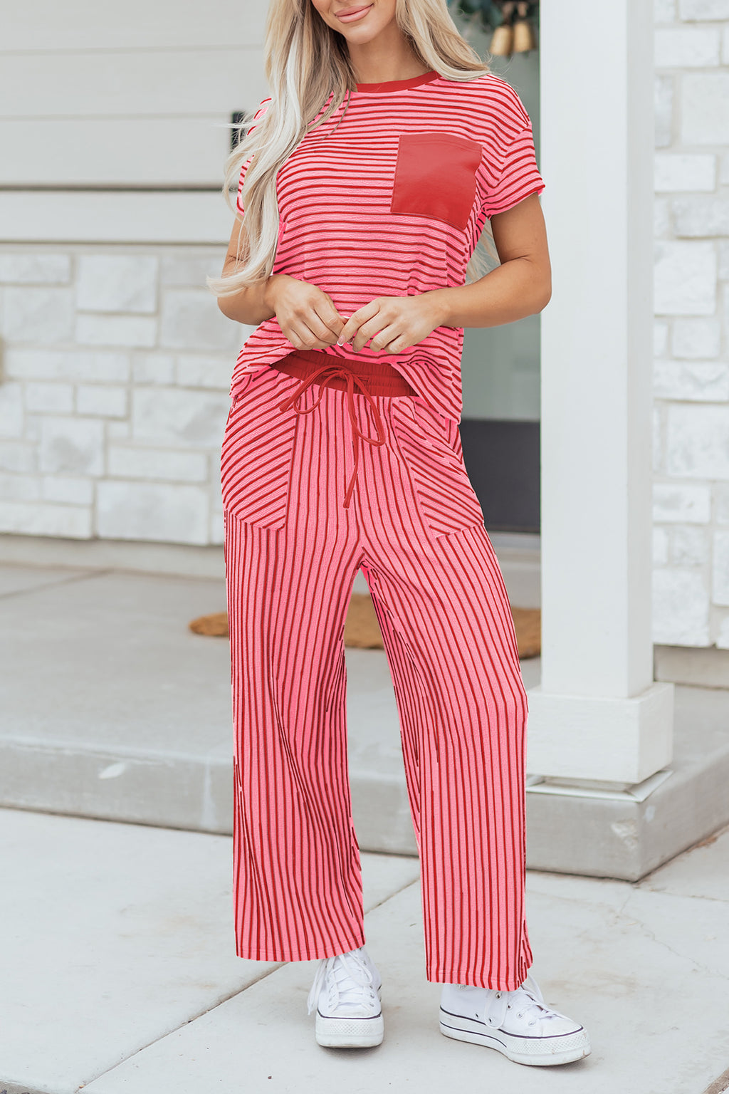 Stripe Crew Neck Tee & Drawstring Cropped Trousers Set | 4 Colours | Sizes 8-22