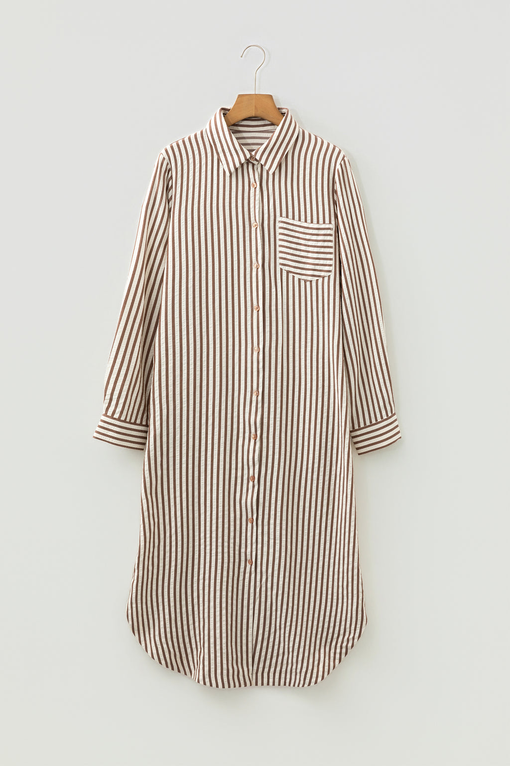 Brown Stripe Textured Midi Shirt Dress 3/4 Sleeve Round Hem Split Women S-XL