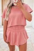 LivelyLooks Peach Cropped Tee & Ruffle High Waist Skort Set 2pcs S-XL women's fashion
