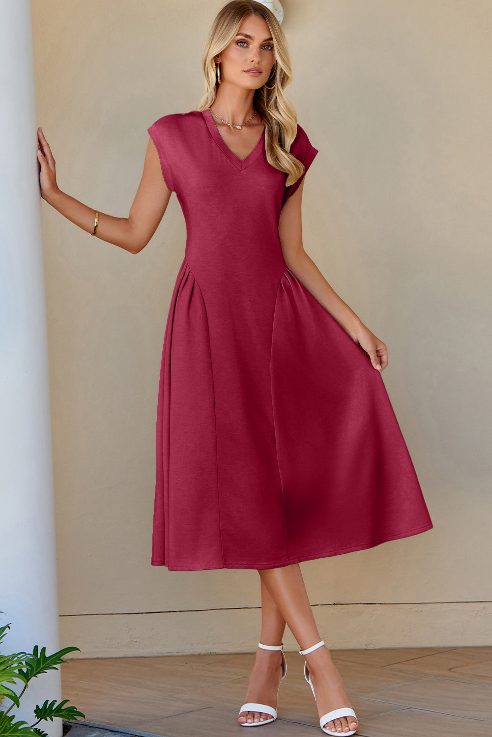 Burgundy V Neck Pleated Flared Midi Dress S-2XL