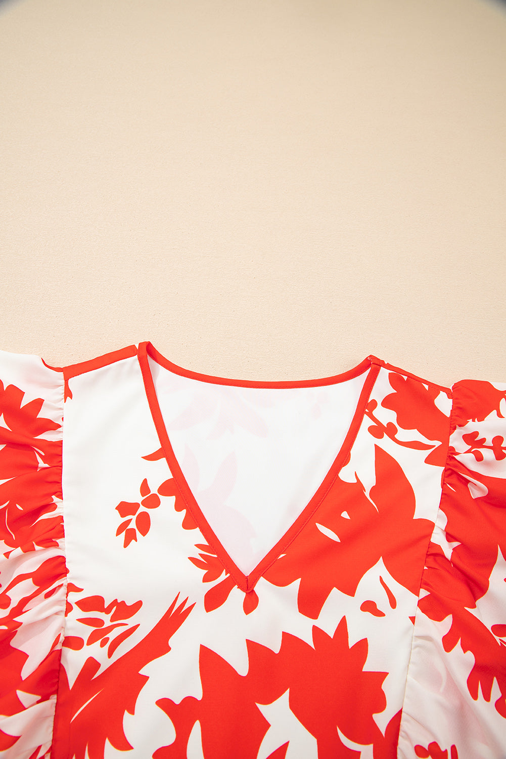 Red Floral Print Trimmed V Neck Ruffle Sleeve Long Dress S-XL