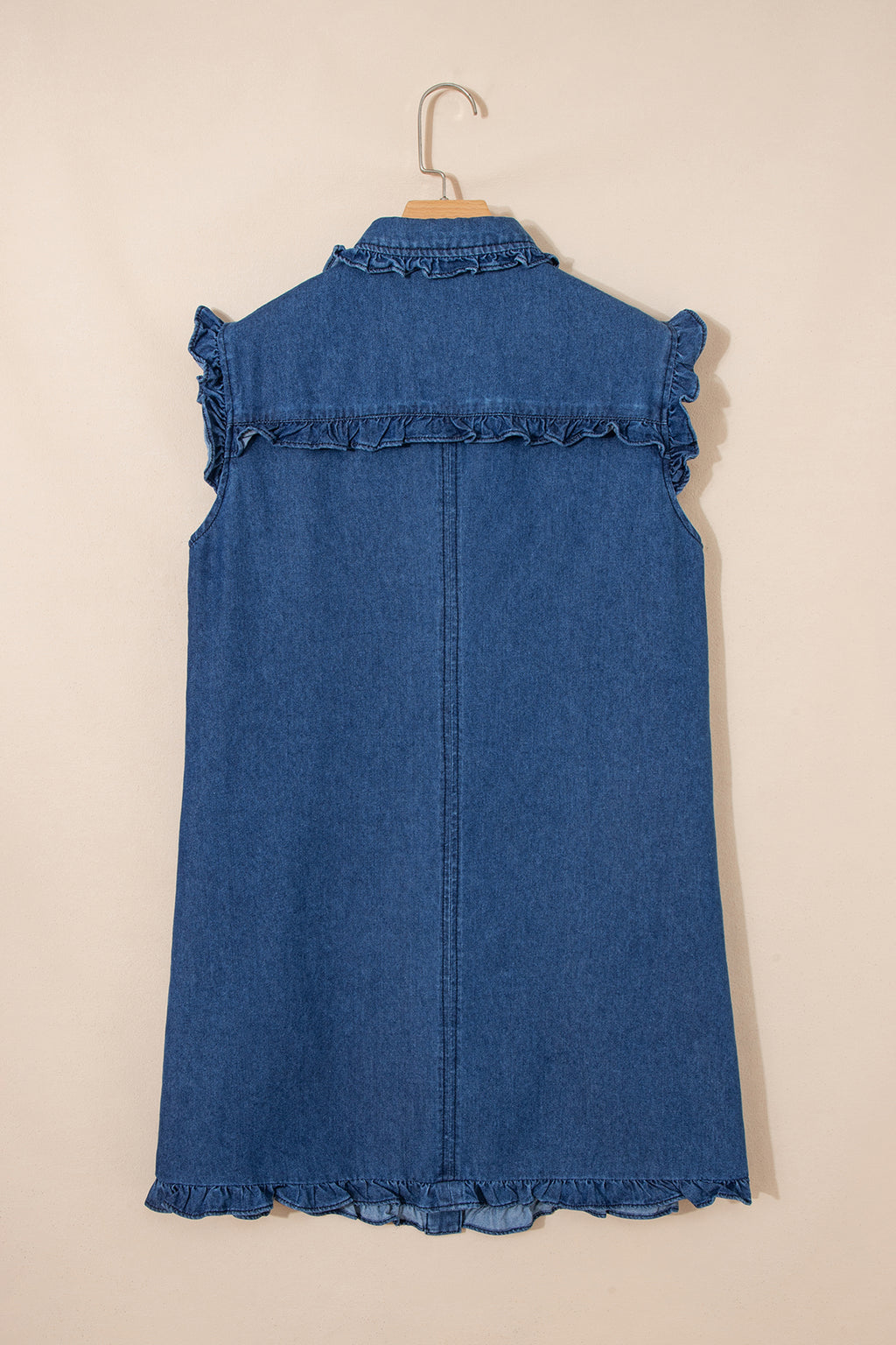 Sail Blue Ruffled Collar Shift Denim Dress with Pockets