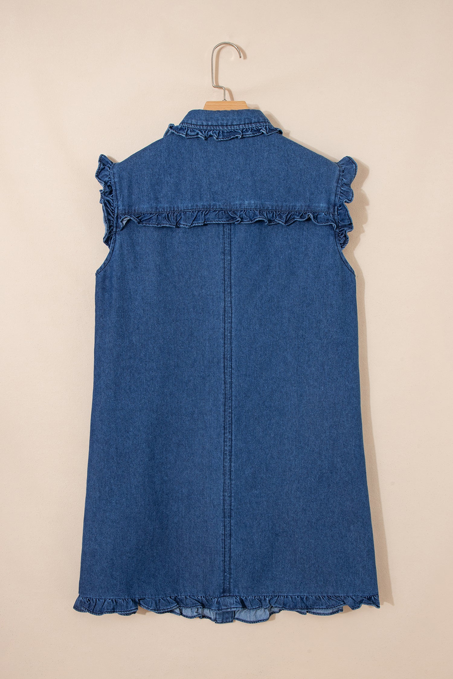Sail Blue Ruffled Collar Shift Denim Dress with Pockets