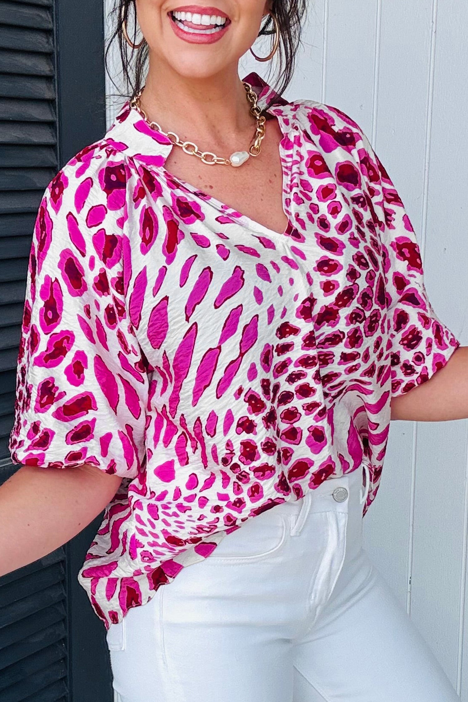 Pink Leopard Print V-Neck Bubble Sleeve Blouse | Sizes 8-22 | Lively Looks