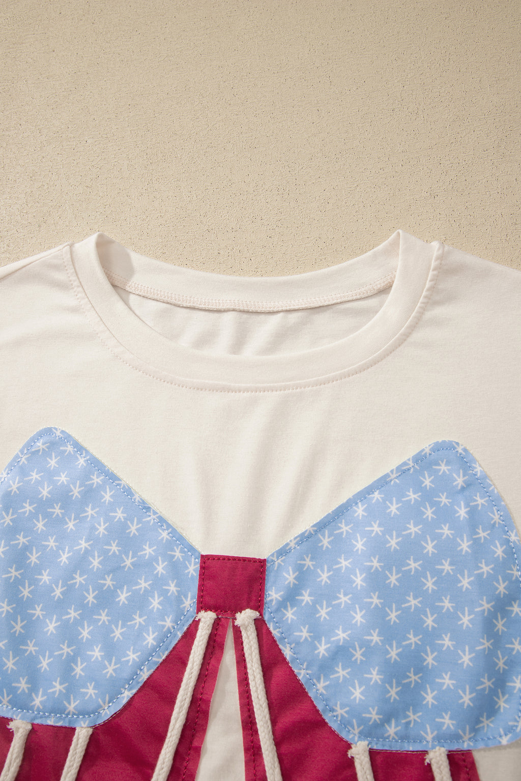 White Loose Knit Tee Vintage Flag Bow Patch Short Sleeve Women S-XL
