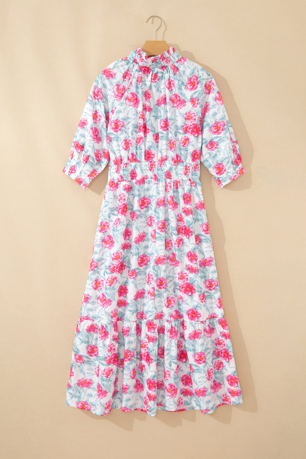 Women's Red Elegant Floral Puff Sleeve Midi Dress at LivelyLooks