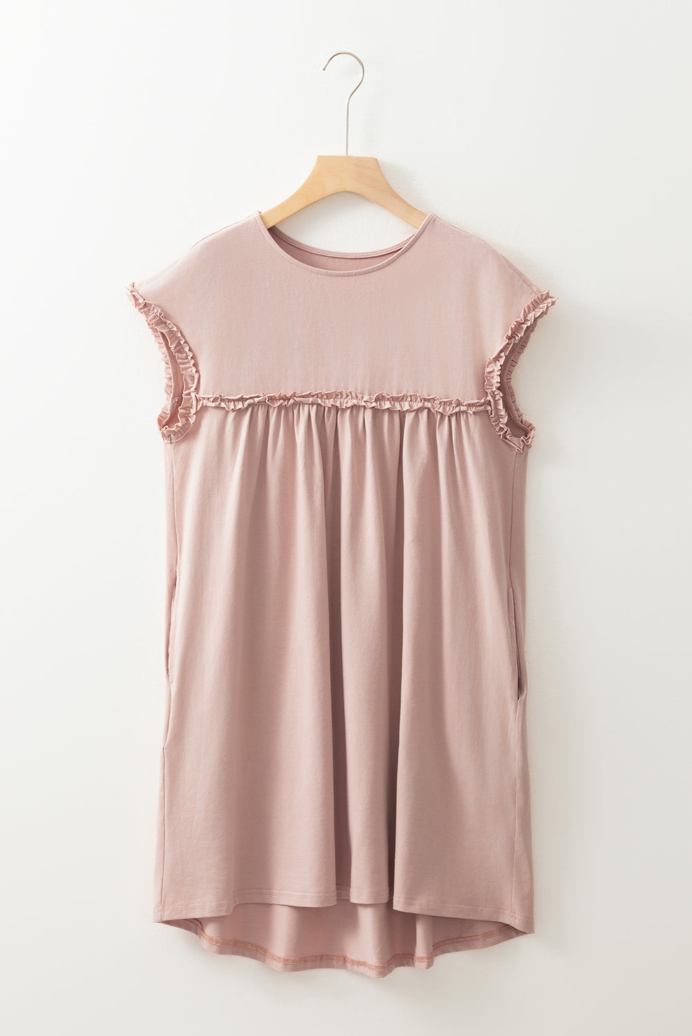 Beige & Mint Green Frilled Trim Crew Neck Loose Mini Dress S-XL