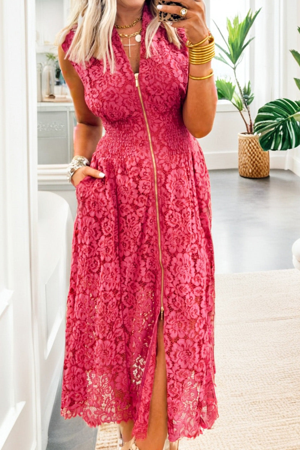 Women's Coral Floral Lace Overlay Smocked Waist V-Neck Sleeveless Maxi Dress S-XL at LivelyLooks