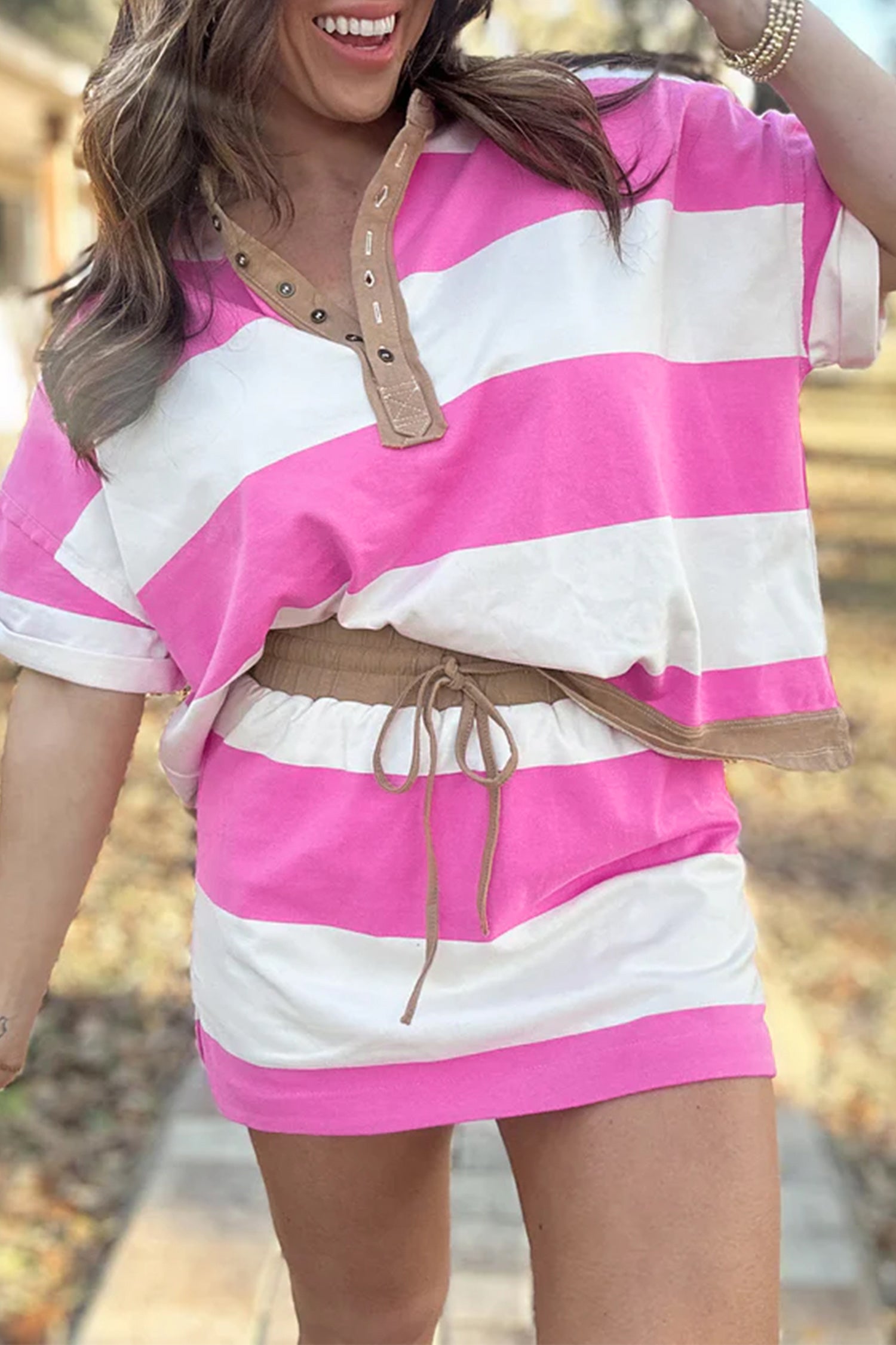 Rose Stripe Colourblock Polo Tee & Drawstring Mini Skirt Set | UK 8–22
