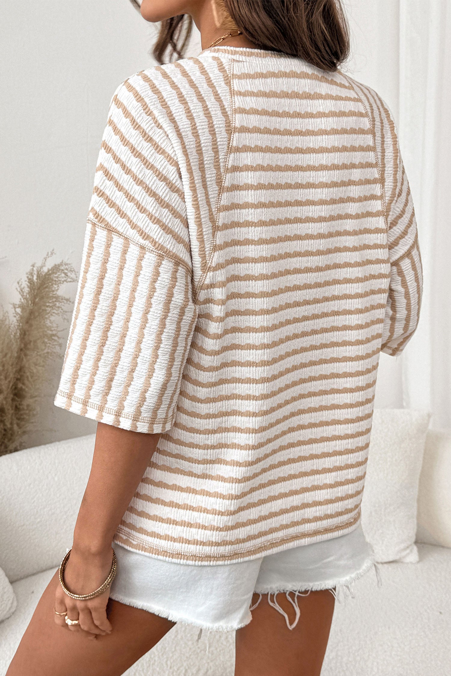 LivelyLooks Brown Stripe Textured Knit Split Hem Half Sleeve Loose Top women's fashion