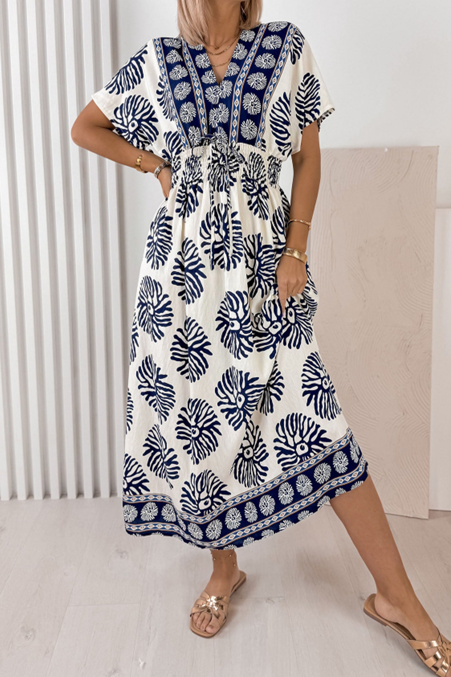 Blue Boho Floral Contrast Patchwork V-Neck Tie Waist Dolman Maxi Dress