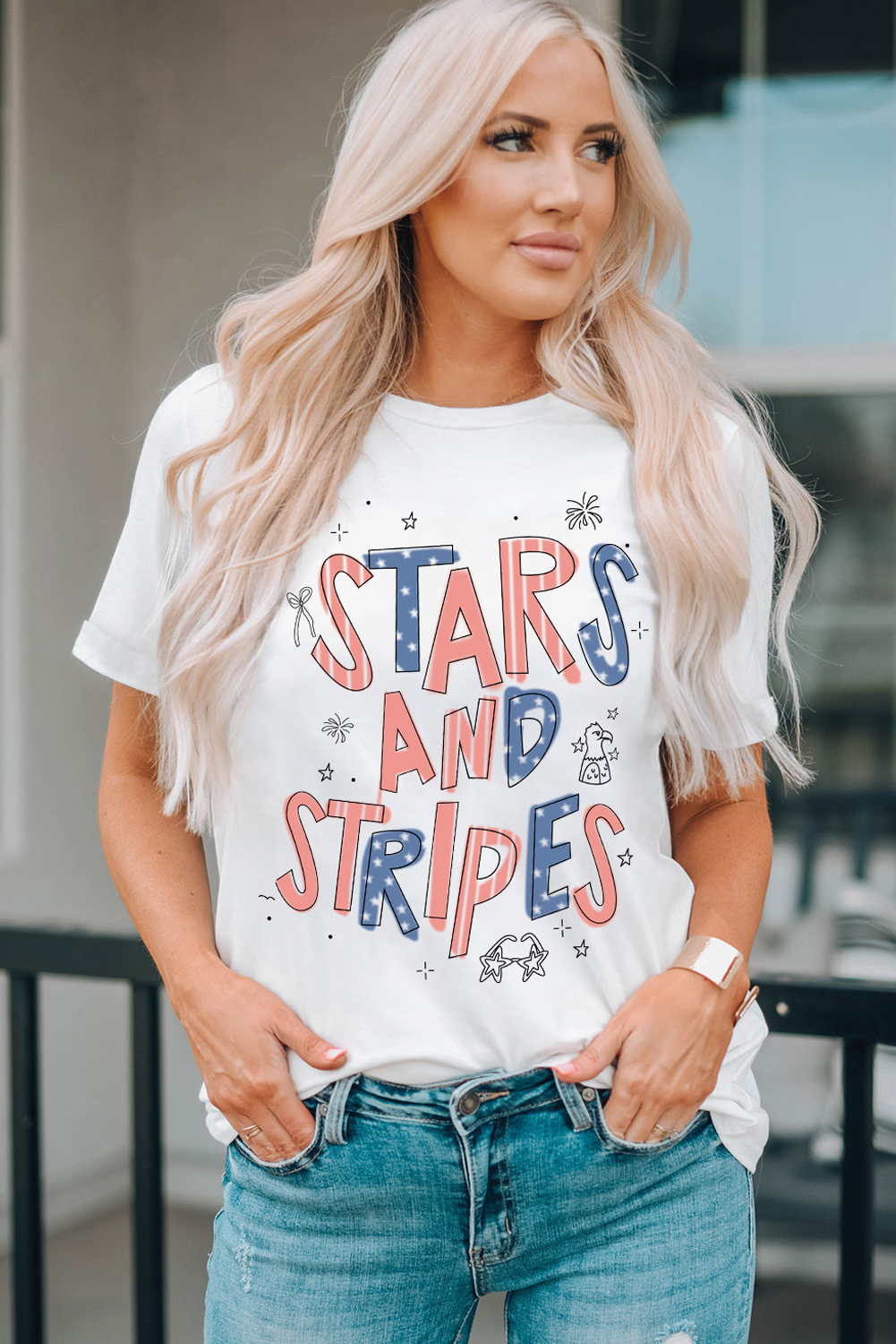 Shop White Stars and Stripes Crew Neck Graphic Tee S-3XL at LivelyLooks