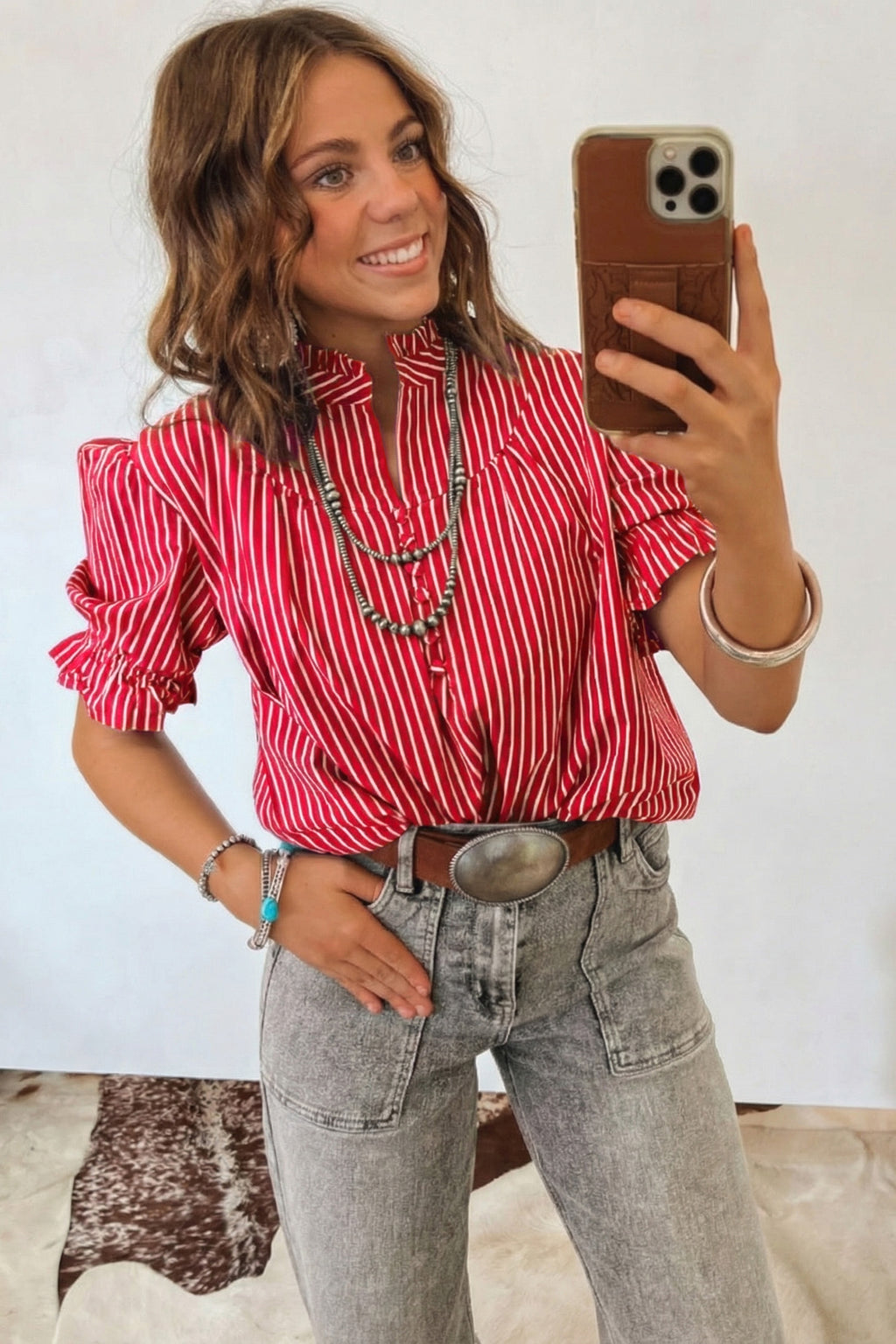 Red Stripe Ruffled Blouse Short Puff Sleeve Button Front Gathered Collar S-XL