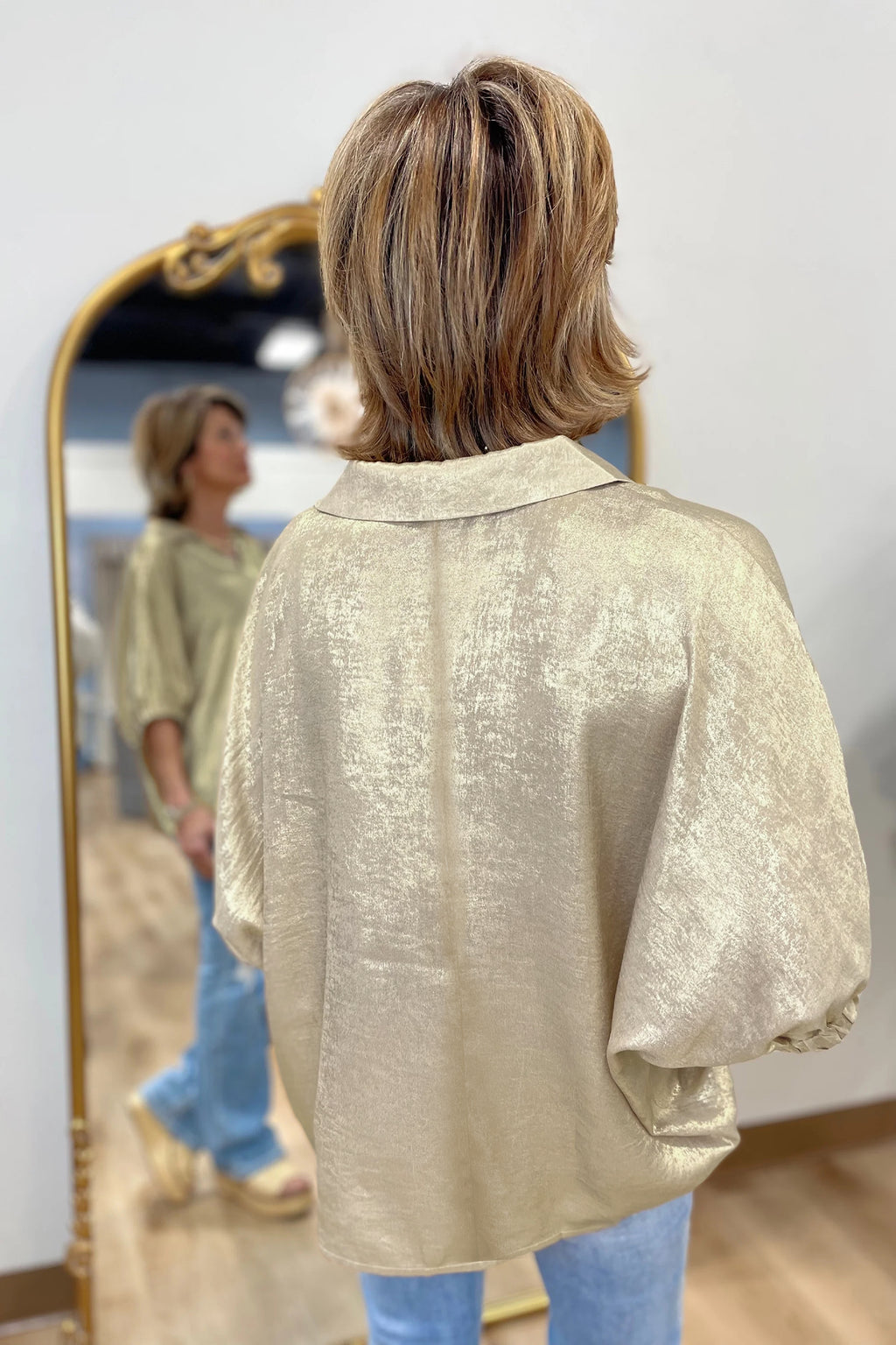 Women's Aqua Metallic Shimmer Collared V Neck Half Sleeve Top at LivelyLooks