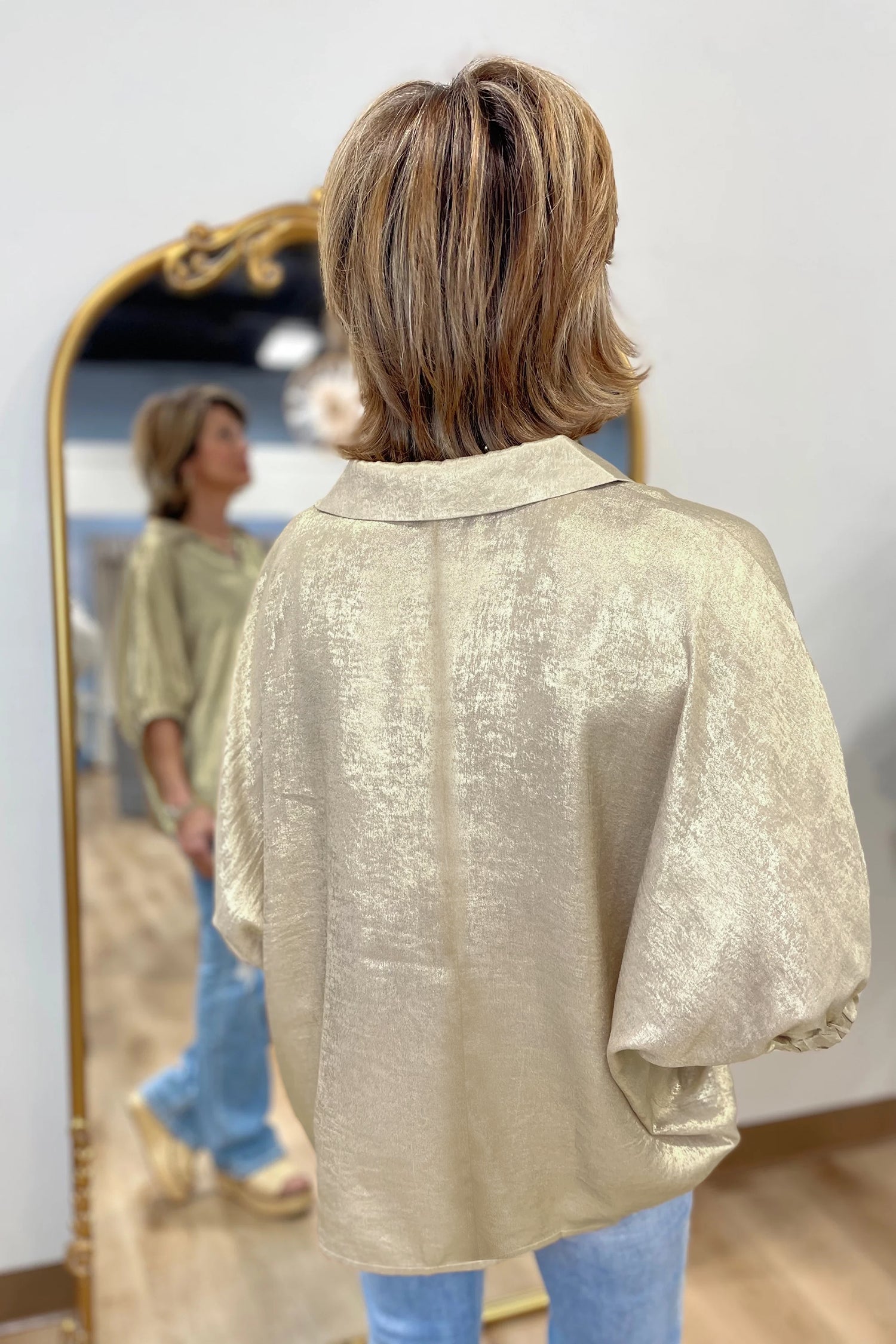 Women's Aqua Metallic Shimmer Collared V Neck Half Sleeve Top at LivelyLooks