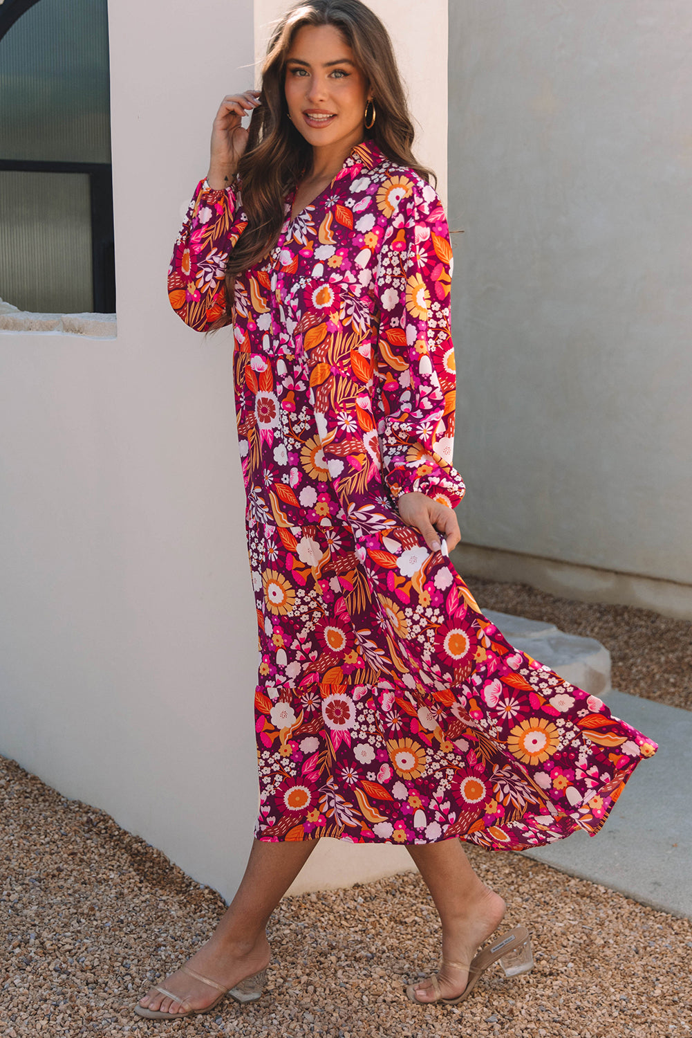 LivelyLooks Floral Collared Tiered Flowy Maxi Dress Purple Blue S-2XL women's fashion