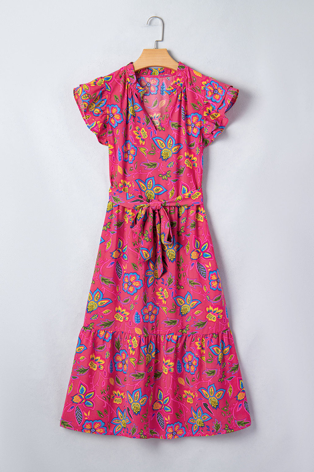 Women's Rose Flutter Sleeve Belted Floral Maxi Dress at LivelyLooks