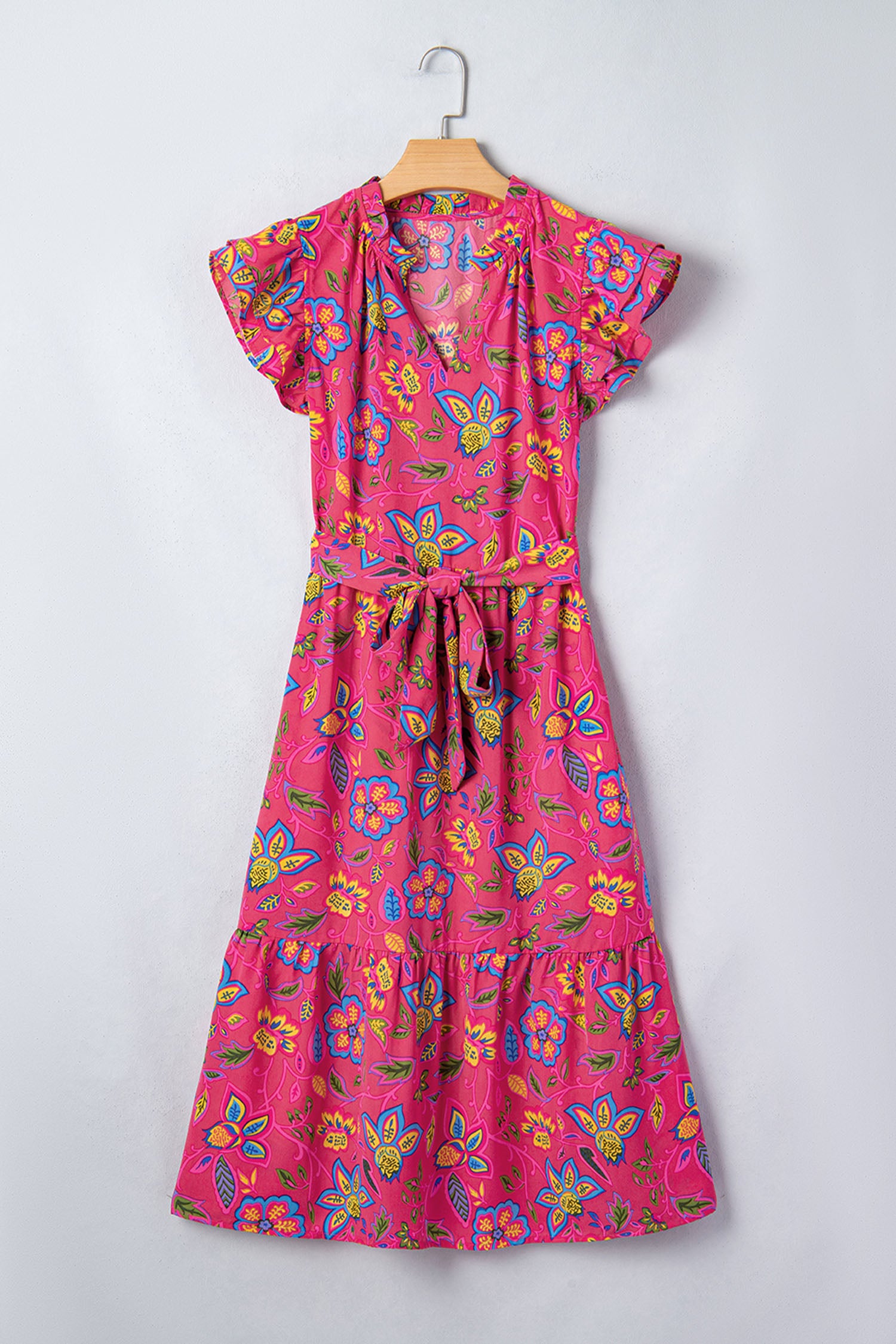Women's Rose Flutter Sleeve Belted Floral Maxi Dress at LivelyLooks