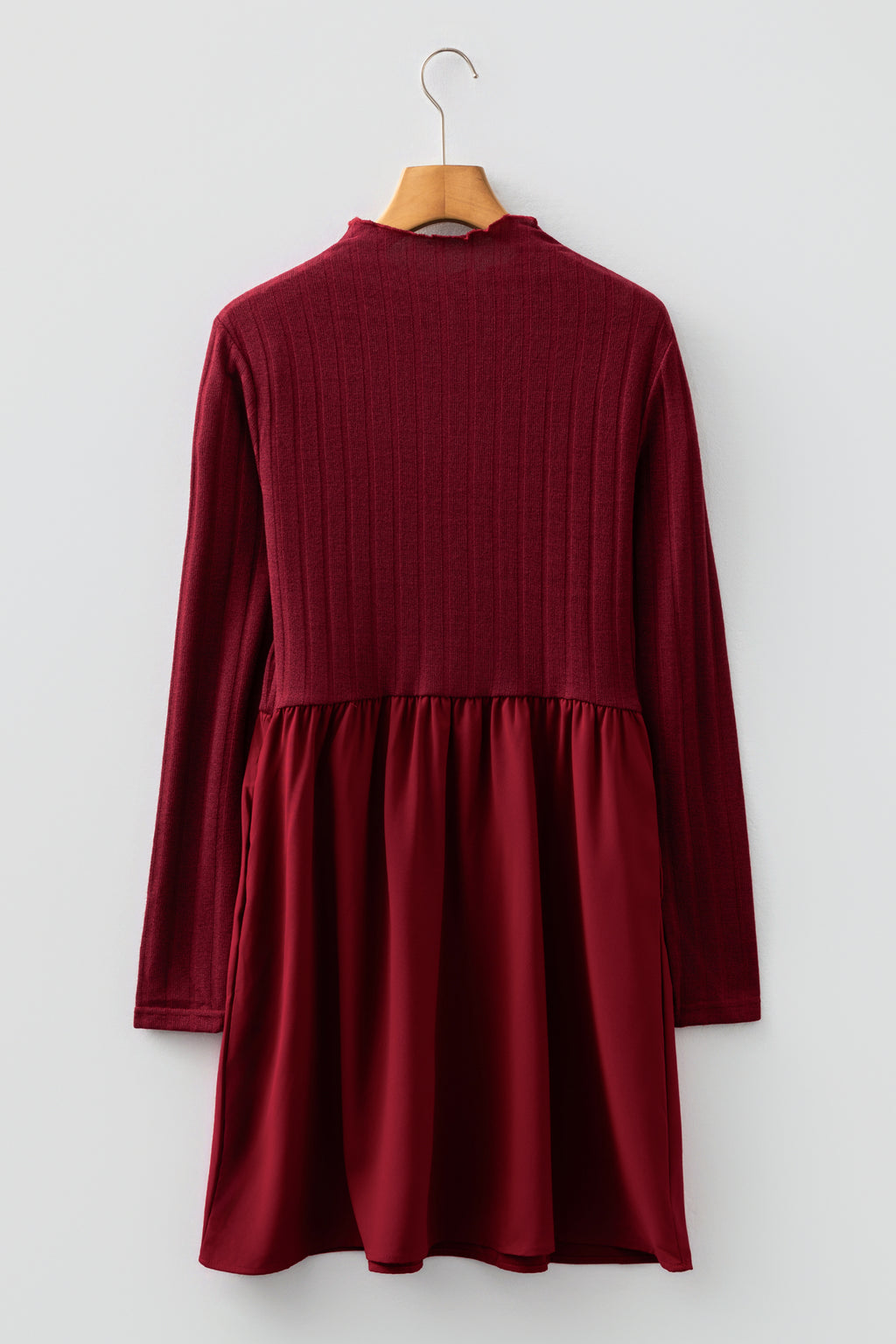 Black & Burgundy Frilled Neck Ribbed Knit Long Sleeve Mini Dress S-XL