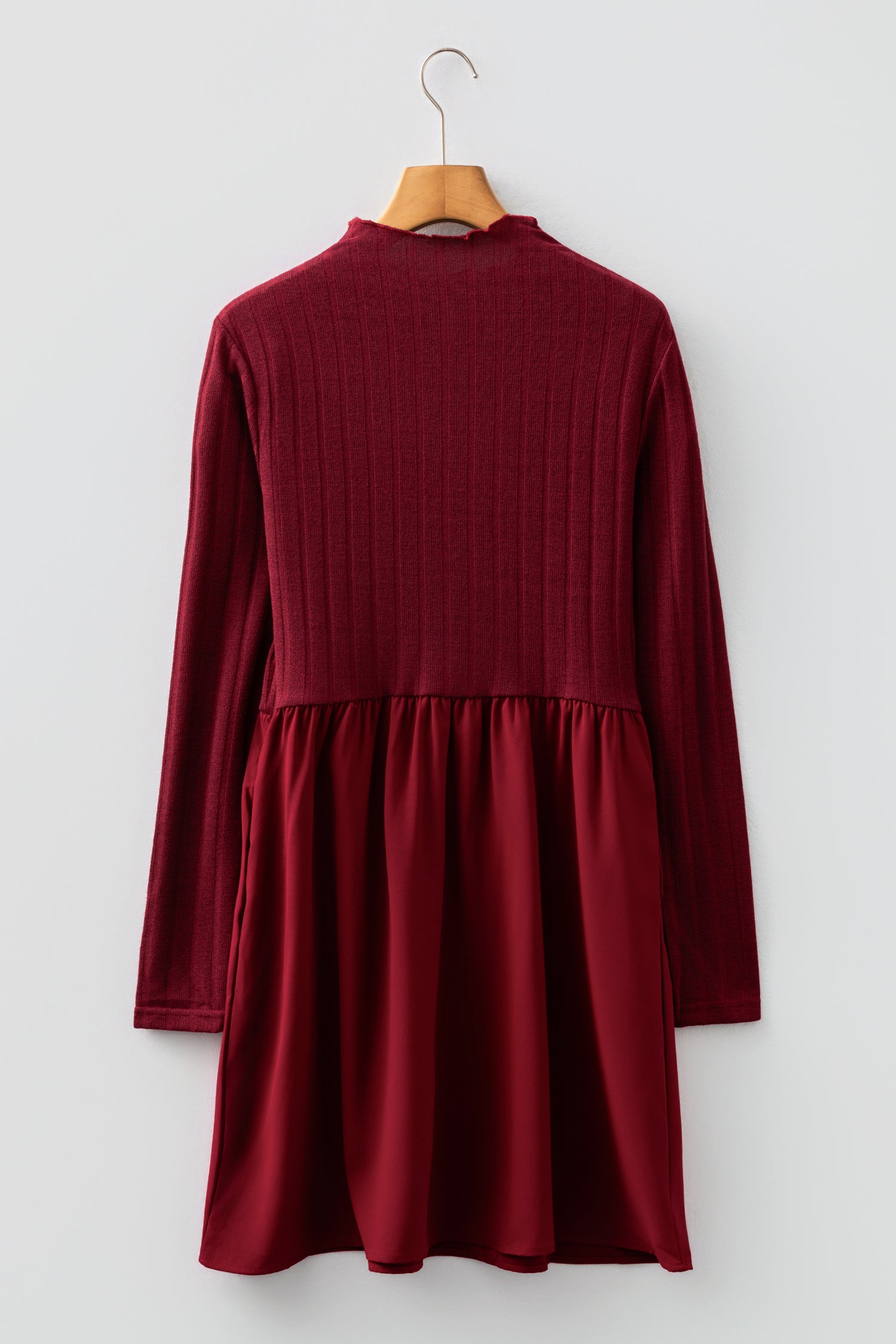 Black & Burgundy Frilled Neck Ribbed Knit Long Sleeve Mini Dress S-XL