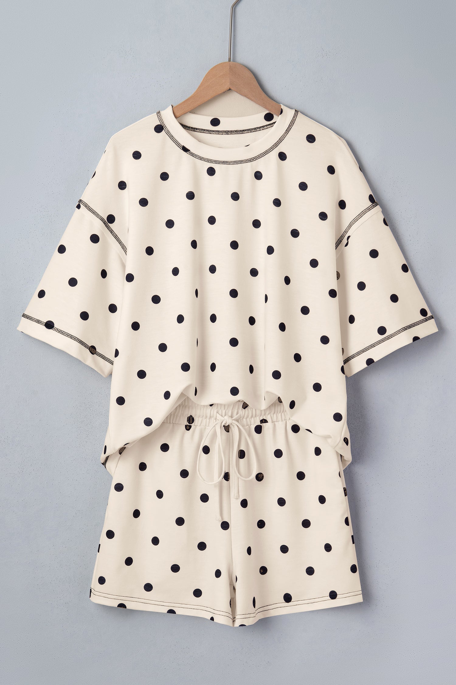 LivelyLooks White Polka Dot Exposed Seam Loose Tee & Drawstring Shorts Set S-XL women's fashion