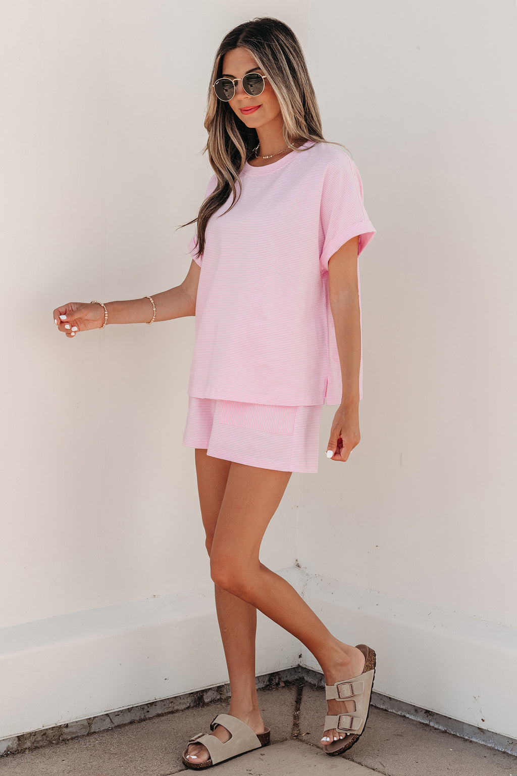 Pink Stripe Matching Oversized Tee & Drawstring Shorts Co-ord Set