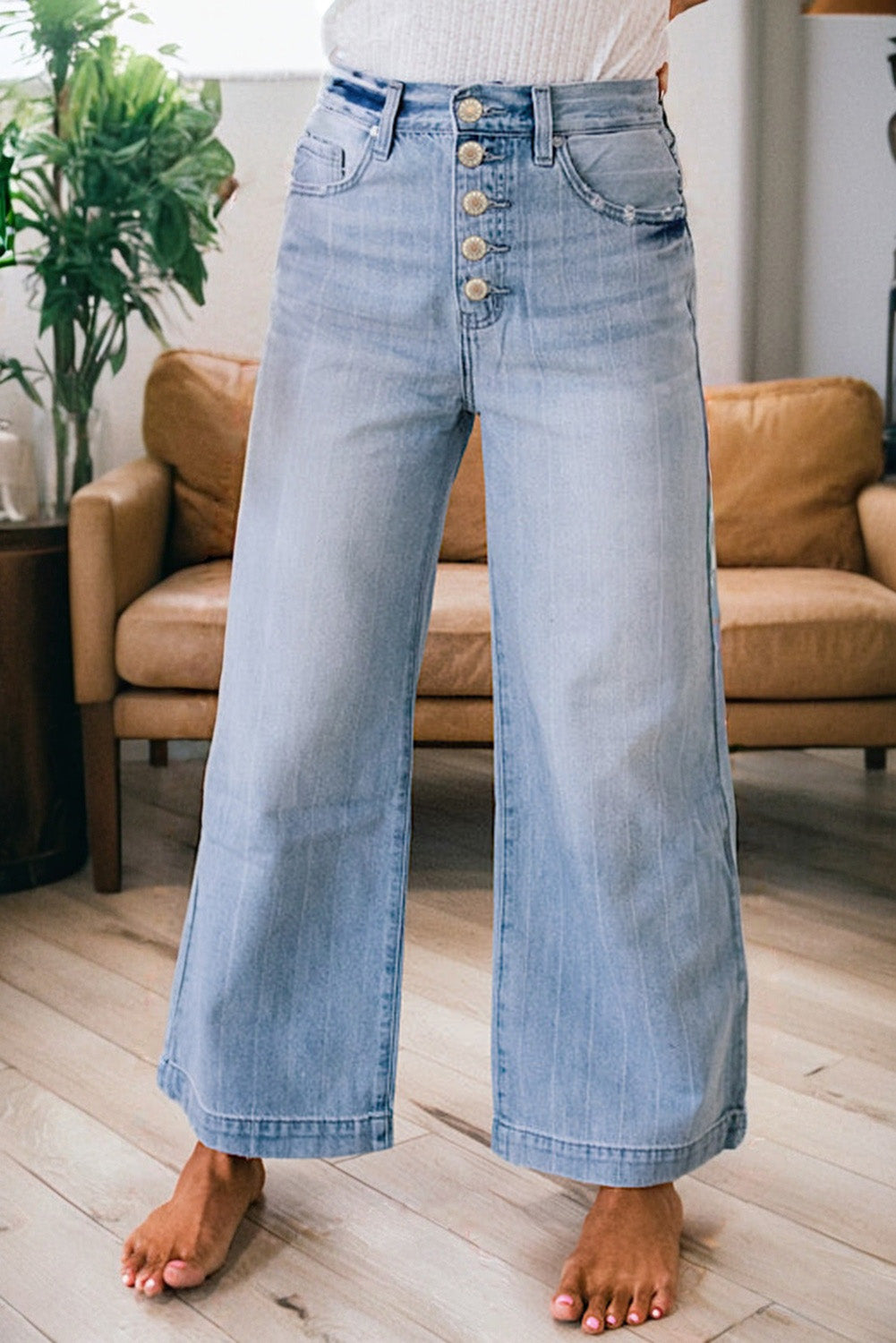 Shop Beau Blue Multi Buttons Pinstripe Wide Leg Jeans at LivelyLooks